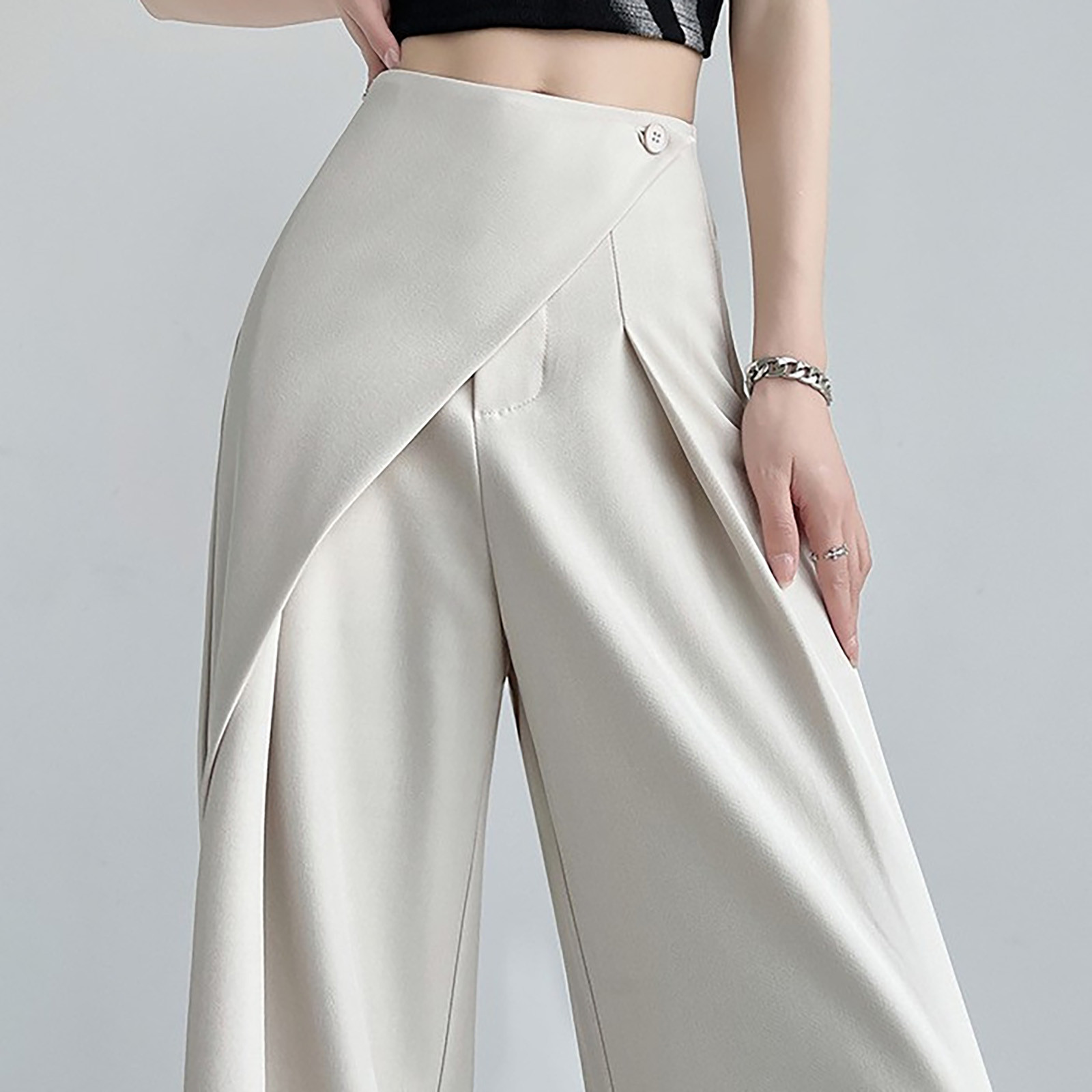 thumbnail image 4 of Pantalones casuales de pierna ancha para mujer - Pantalones de traje rectos de cintura alta - Material de poliéster - Para el trabajo, los negocios, el día a día - Cintura elástica en la parte trasera, 4 of 4